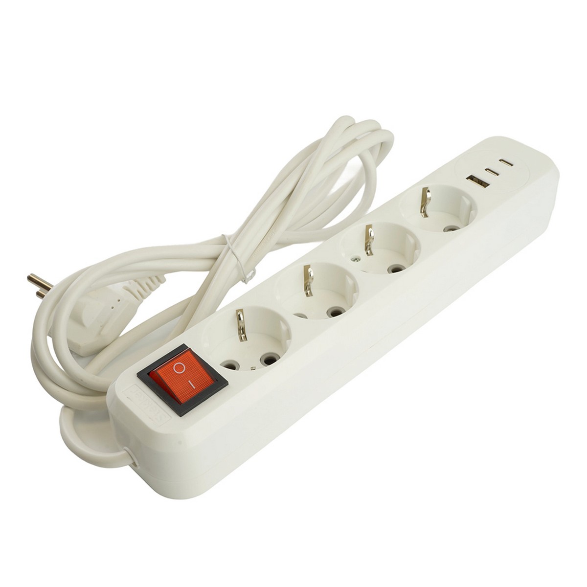 Колодки и удлинители, тройники Удлинитель 4-местный с/з с выключ. STEKKER HM071-41-03 3м 1USB+2C 2.4A Home белый 50140 