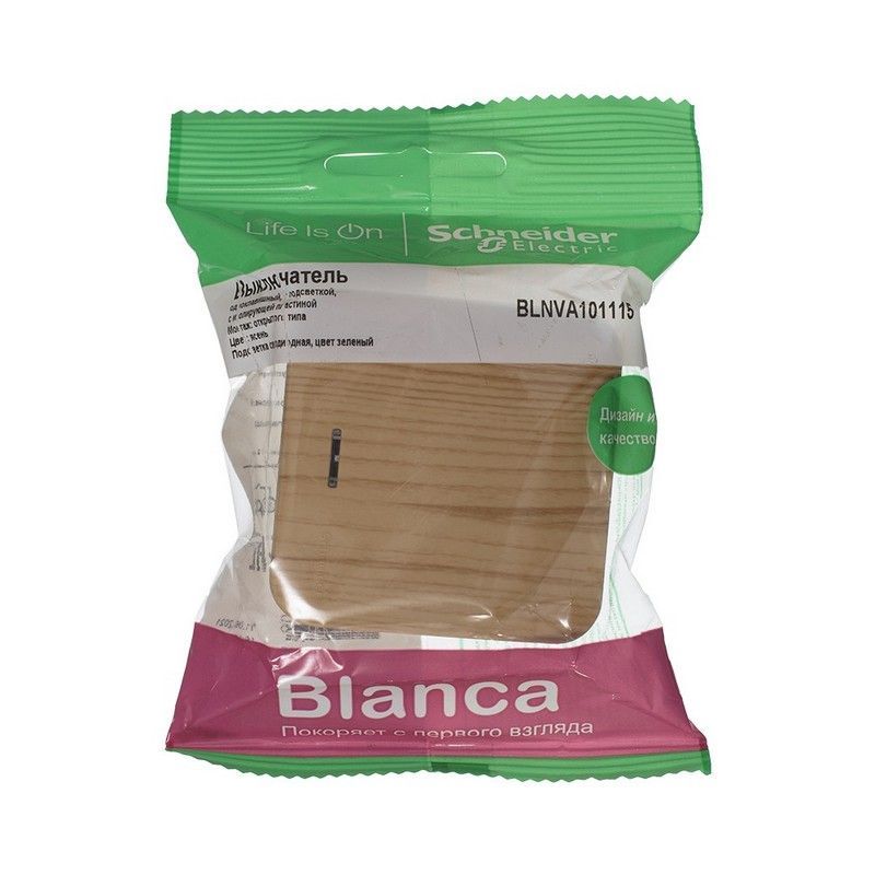 Blanca ясень розетки и выключатели Выключатель SE Blanca 1-клавишный Ясень наружный с подсветкой изолир. пластина BLNVA101115
