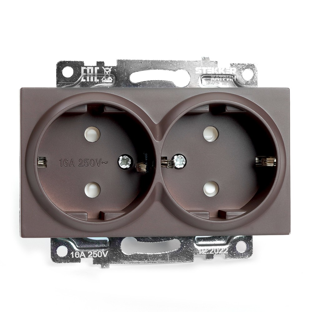 Катрин - Розетки и выключатели Stekker Розетка 2-местная с/з STEKKER GLS16-7114-04 250V 16А с защ. шторкой Катрин шоколад 49030