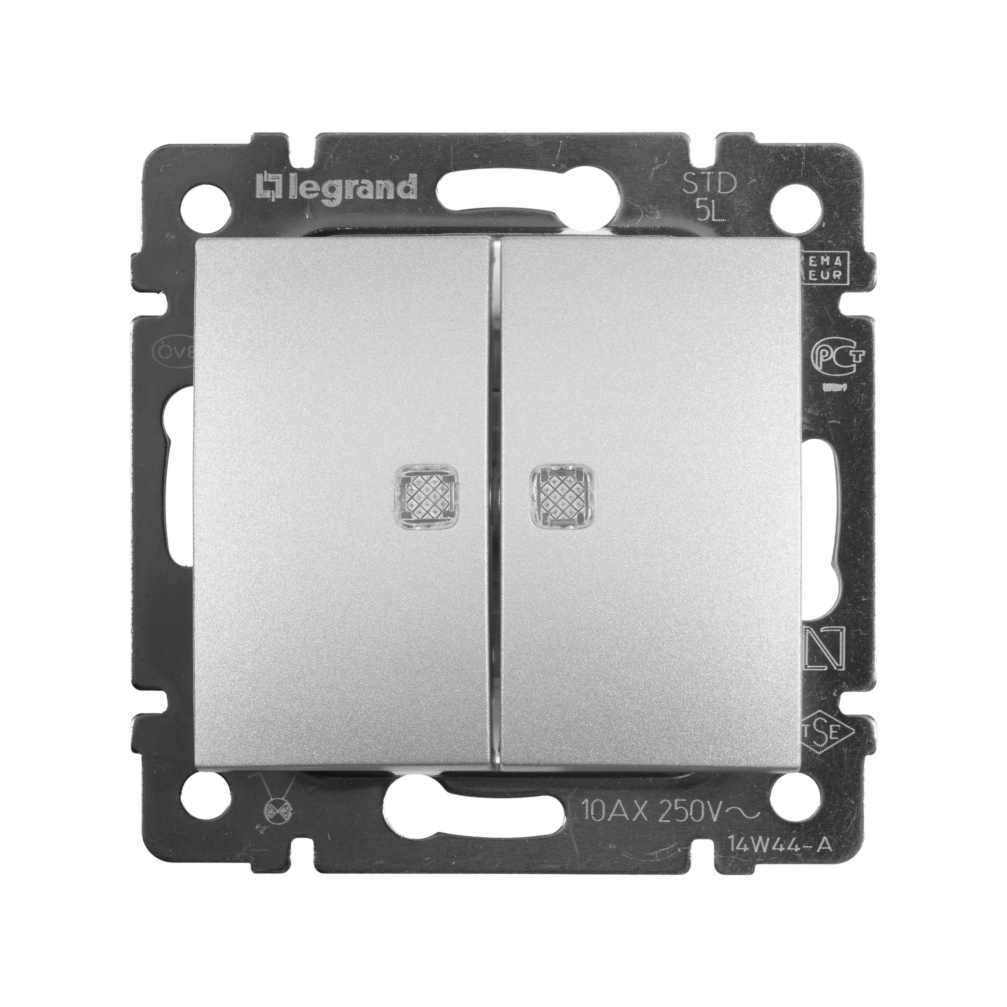 Legrand Valena Classic Алюминий Выключатель Legrand Valena Алюминий 2-х клавишный с подсветкой 770128