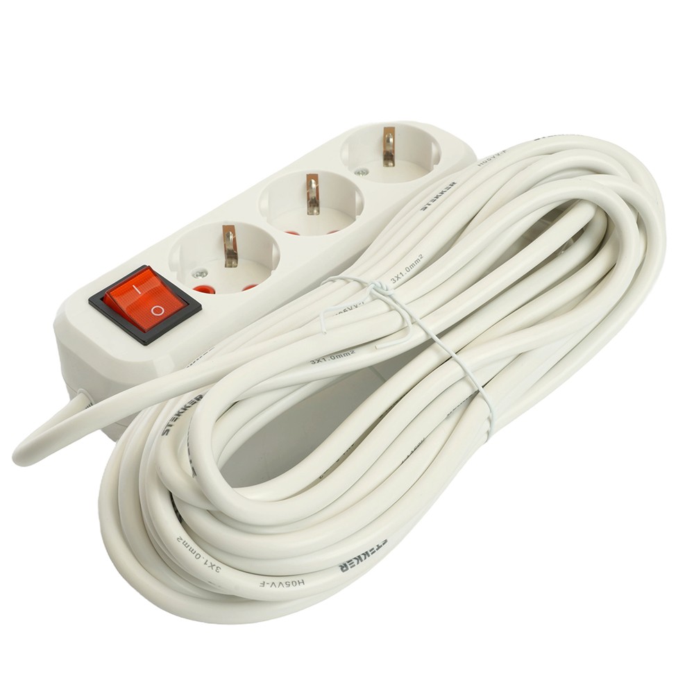 Колодки и удлинители, тройники Удлинитель STEKKER трехместный с/з с выключ. HM07-31-10 10м Home (У16А-002) белый 49357 