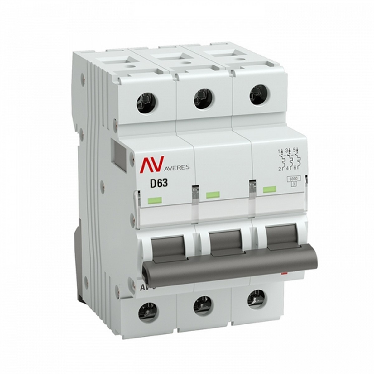 3 полюсные (трехполюсные) Автоматический выключатель EKF AVERES AV-6 (D) 3P 63А 6kA mcb6-3-63D-av 