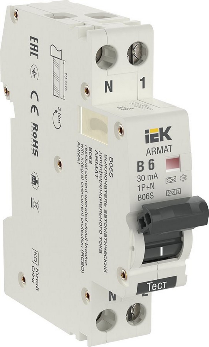 АВДТ Дифф. Автомат IEK ARMAT B06S 1P+NP B6 30мА тип A (18мм) AR-B06S-1N-B06A030