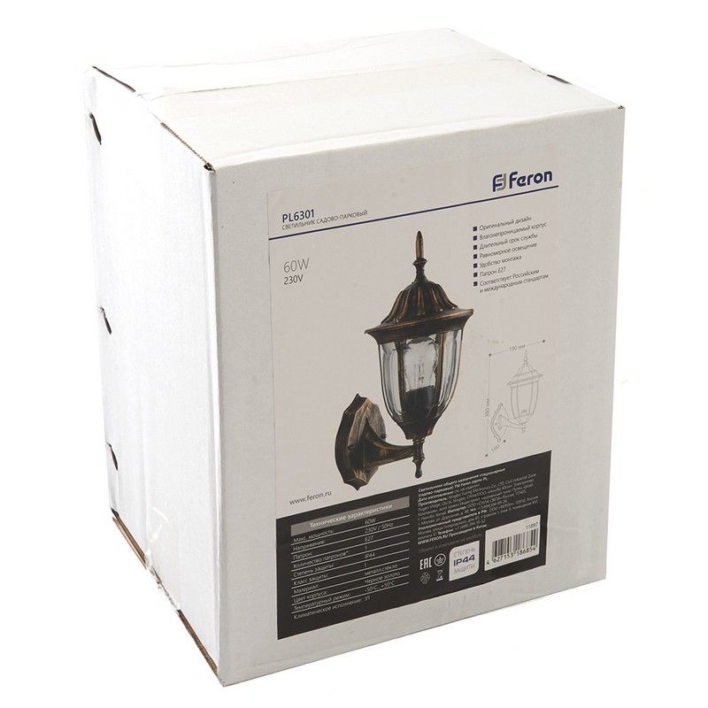 Уличные настенные светильники Светильник садово-парковый Feron PL6301 шестигранный на стену вверх 60W E27 230V черное золото 11897 