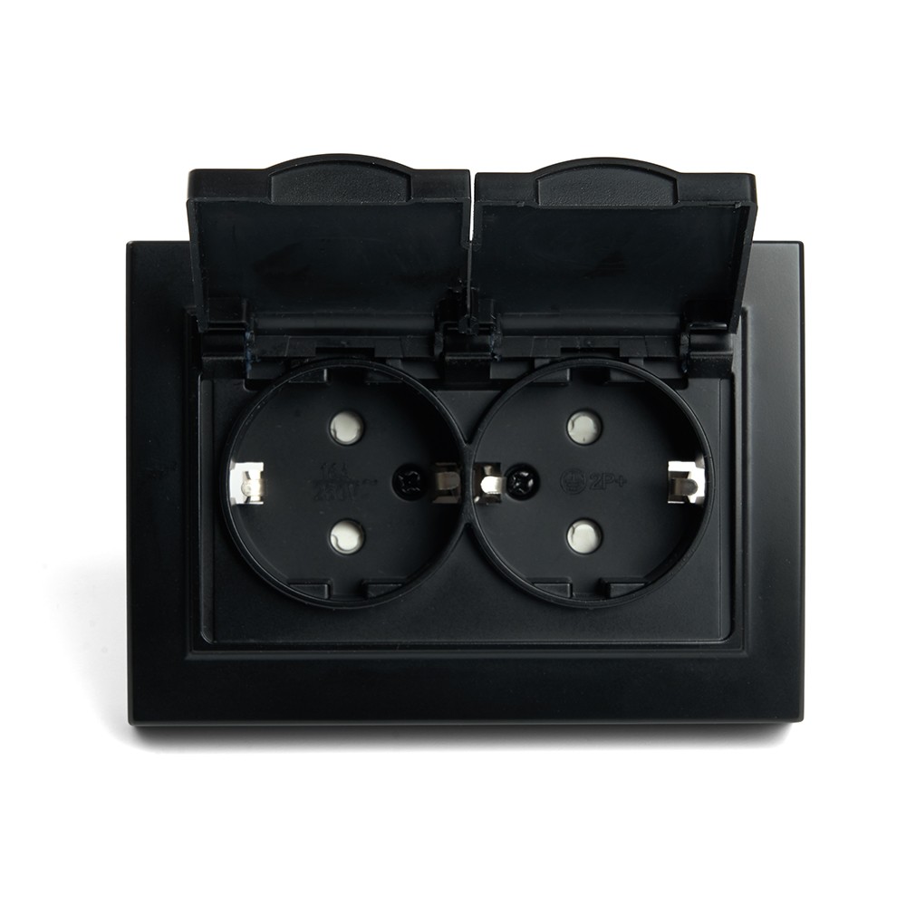 Эрна - Розетки и выключатели Stekker Розетка 2-местная с/з с крышкой STEKKER PST16-9015-03 16А Эрна черный с рамкой 49138