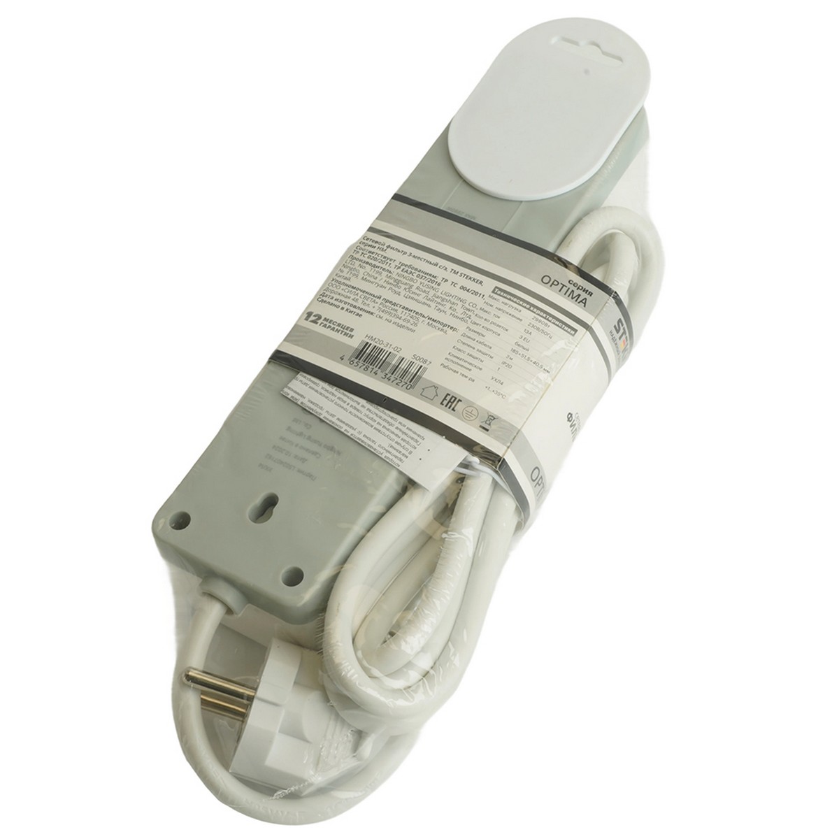 Колодки и удлинители, тройники Сетевой фильтр 3-местный с/з STEKKER HM20-31-03 3x1мм2 3 м 250В 16А серия Optima белый 50087 