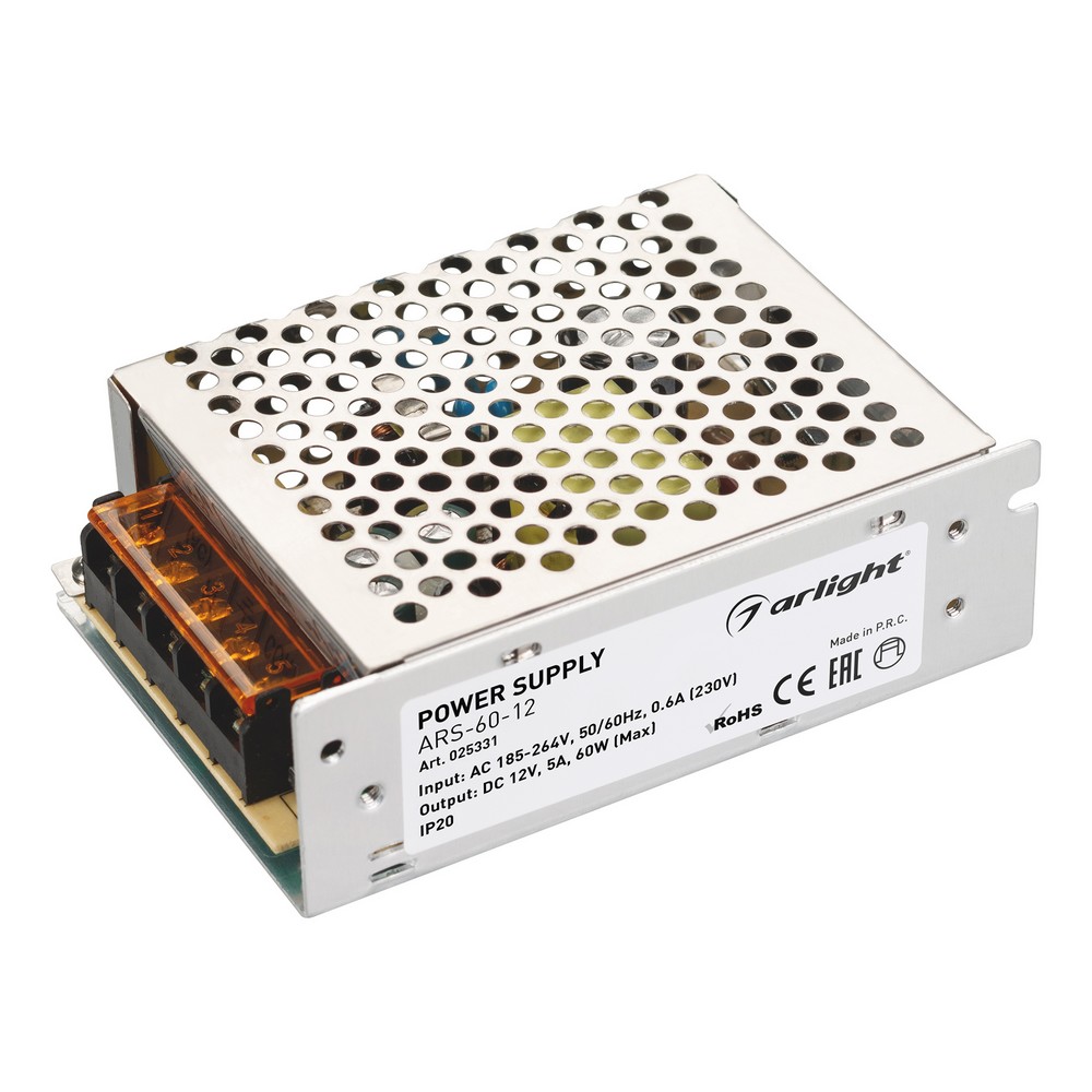 Блоки питания для светодиодной ленты Блок питания Arlight ARS-60-12 (12V, 5A, 60W) (IP20 Сетка, ) 025331 