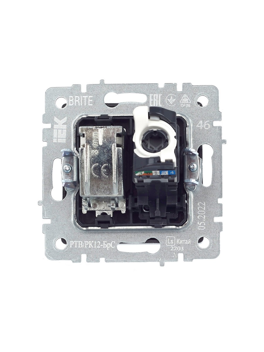 IEK Brite Сталь Розетка IEK BRITE двойная TV+RJ45 кат.5E РТВ/РК12-БрС сталь BR-AK20-1-K46