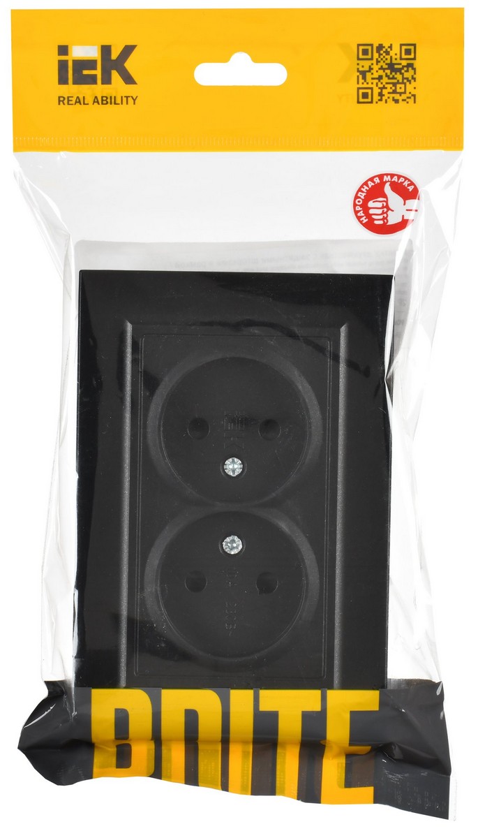 IEK Brite Черный Розетка IEK BRITE Черный 2-я без з/к с з/ш 10А в сборе РСш12-2-БрЧ BR-R23-10-K02-F