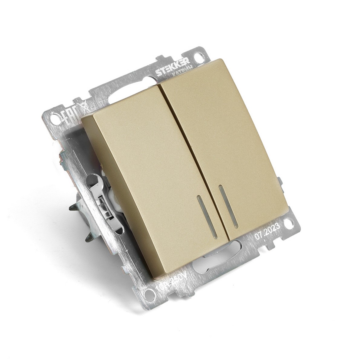 Катрин - Розетки и выключатели Stekker Выключатель 2-клавишный c индикатором STEKKER GLS10-7102-08 10А Катрин золото 49217