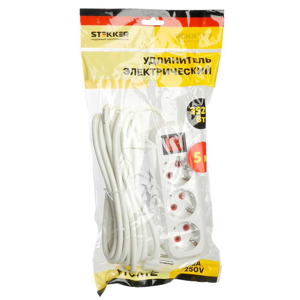 Колодки и удлинители, тройники Удлинитель STEKKER трехместный с/з с выключ. HM07-31-05 5м Home (У16А-002) белый 49355 