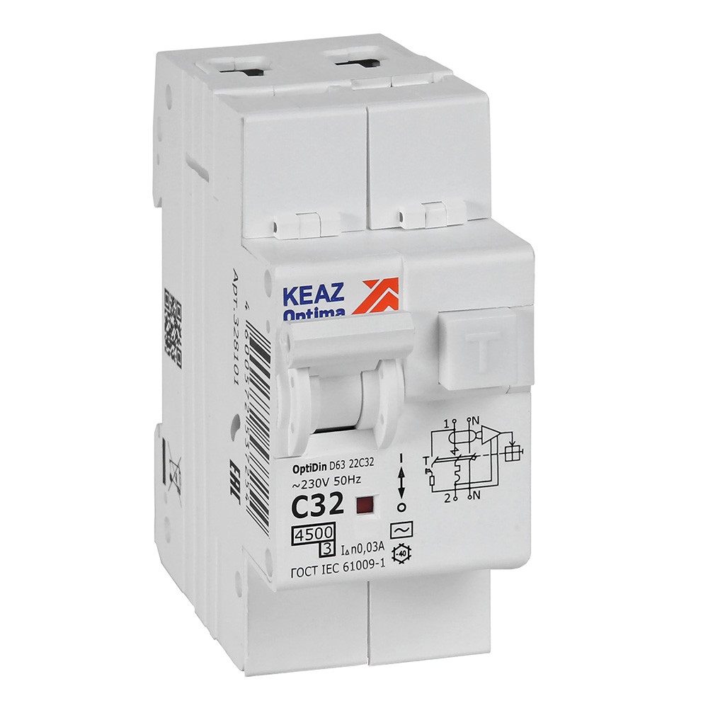 КЭАЗ Дифф. автомат КЭАЗ АВДТ OptiDin с защитой от сверхтоков D63-22C32-AC-У3 (2P, C32, 30mA, 4,5кА) 328101