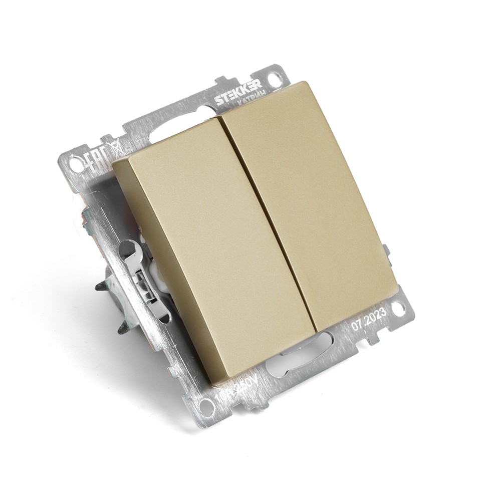 Катрин - Розетки и выключатели Stekker Переключатель 2-клавишный (механизм) STEKKER GLS10-7107-08 250V 10А  Катрин золото 49220