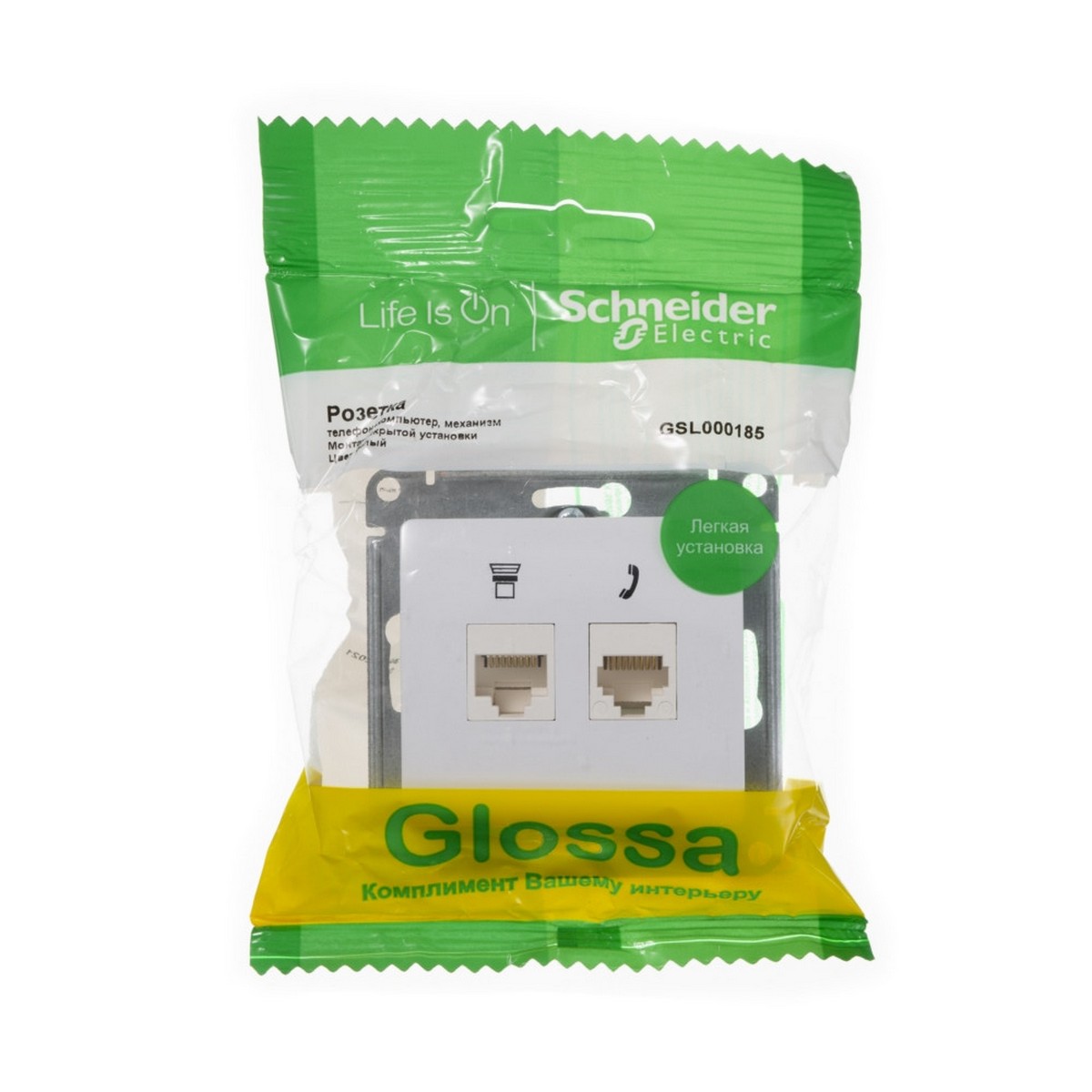 Glossa Белый Розетка Systeme Electric Glossa Белый RJ11+RJ45  2-я кат.5E GSL000185