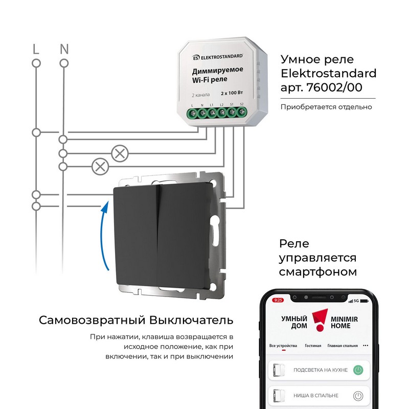 Выключатель Werkel двухклавишный с самовозвратом (черный матовый) W1122408
