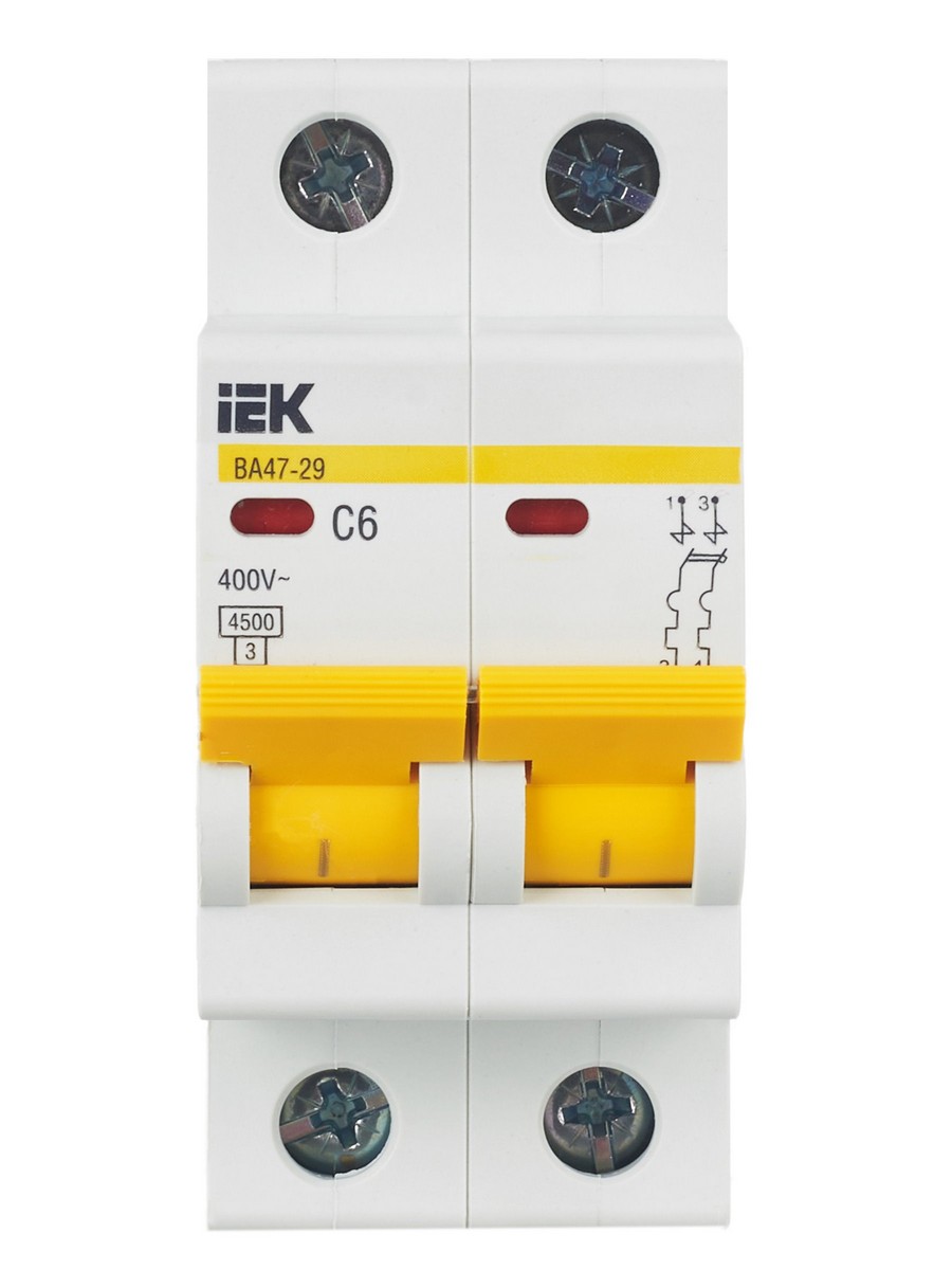 2 полюсные (двухполюсные) Автоматический выключатель IEK KARAT ВА47-29 2Р 6А 4,5кА х-ка С MVA20-2-006-C 