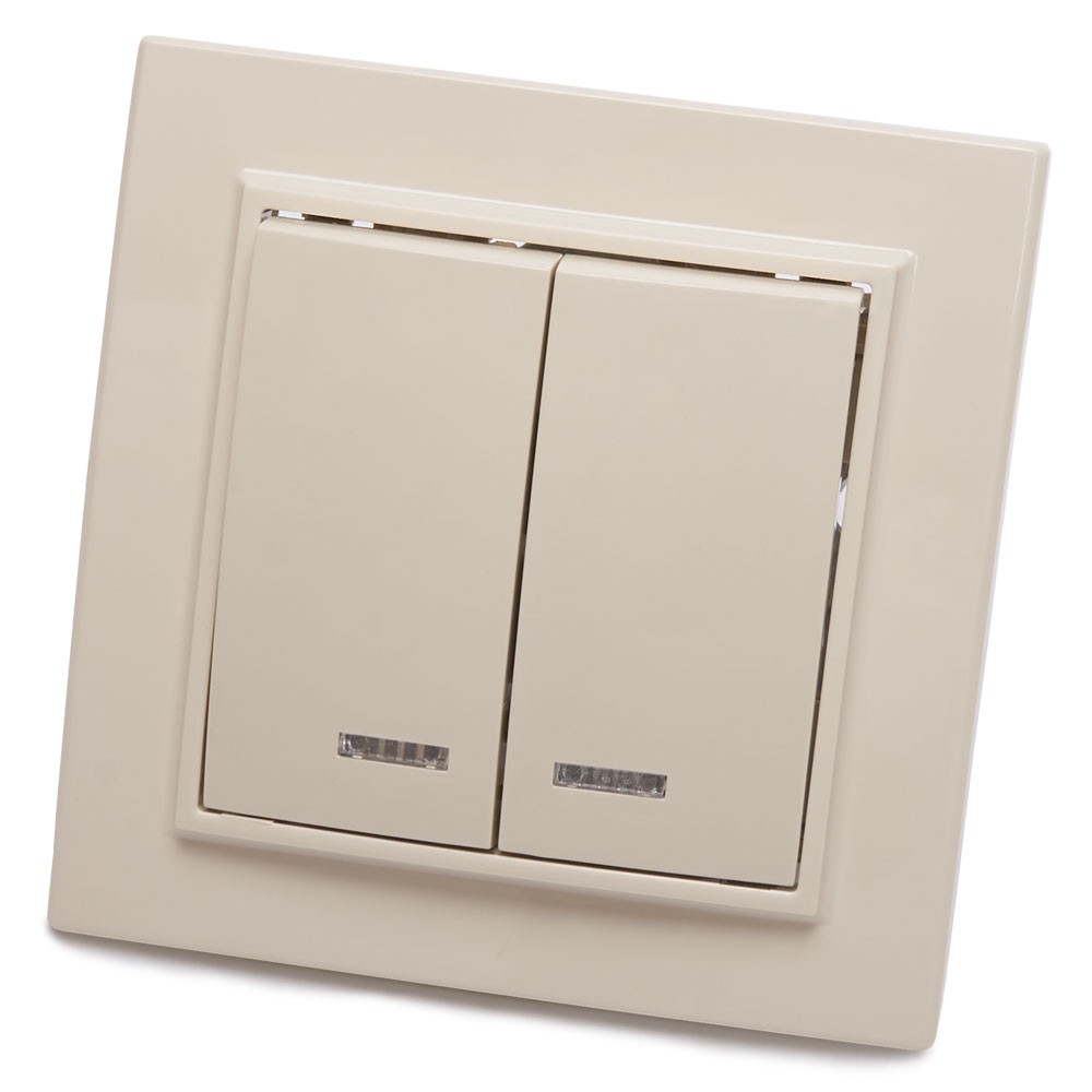 Эрна - Розетки и выключатели Stekker Выключатель 2-клавишный с индикатором STEKKER PSW10-9002-02 10А Эрна слоновая кость с рамкой 39229