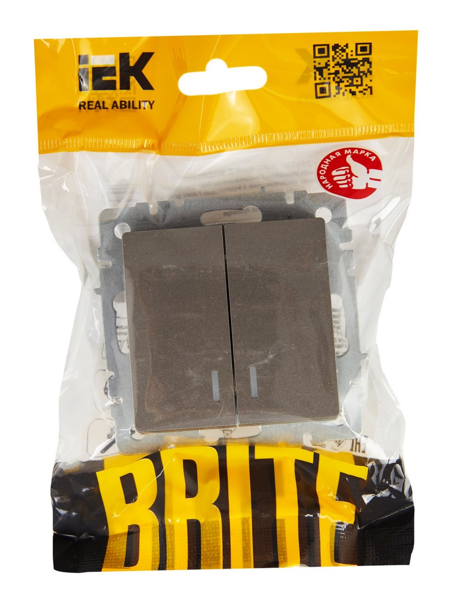 IEK Brite Сталь Выключатель IEK BRITE 2-клавишный с индикацией 10А ВС10-2-1-БрС сталь BR-V20-1-10-K46
