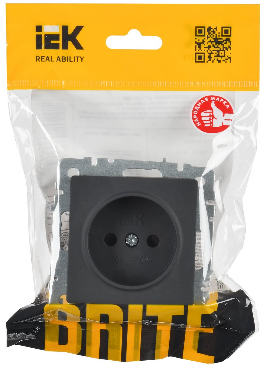IEK Brite Графит Розетка IEK BRITE BASE Графит без з/к с з/ш 10А РСш10-2-БрГ BR-R13-10-K53