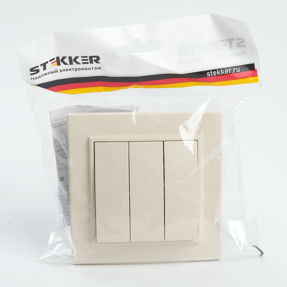 Эрна - Розетки и выключатели Stekker Выключатель 3-клавишный STEKKER PSW10-9007-02 10А Эрна слоновая кость с рамкой 39923