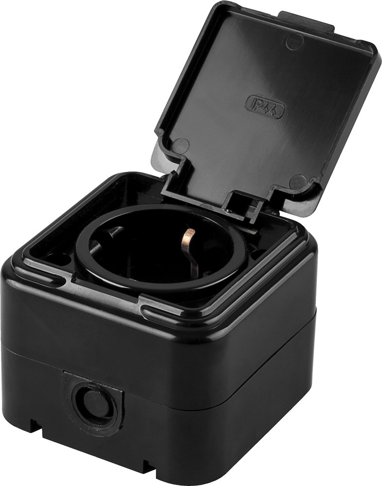 Накладные розетки и выключатели Stekker Розетка 1-местная с/з с крышкой STEKKER PST16-21-44 16А IP44 черный Брест 32741