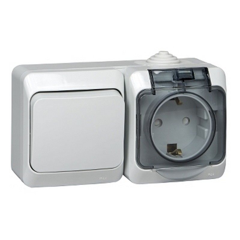 Этюд Серый Блок Этюд Розетка с/з со шторками + переключатель 1-клавишный наружный Серый IP44 BPA16-246C