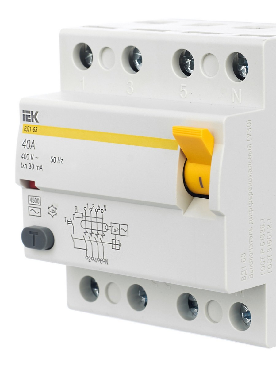 IEK Выключатель дифференциальный IEK KARAT ВД1-63 (УЗО) 4Р 40А 30мА MDV10-4-040-030 