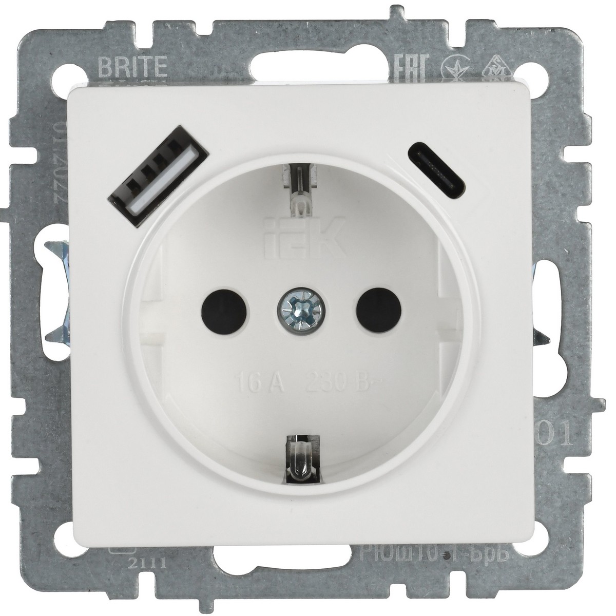 Розетка IEK BRITE с с/з и шторками 16А с USB A+C 18Вт РЮш11-1-БрБ белый BR-R14-16-U22-018-K01