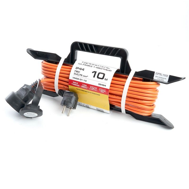 Колодки и удлинители, тройники Удлинитель-шнур на рамке  c/з Stekker HM02-01-10 10м 3*0,75  Home оранжевый 39494 