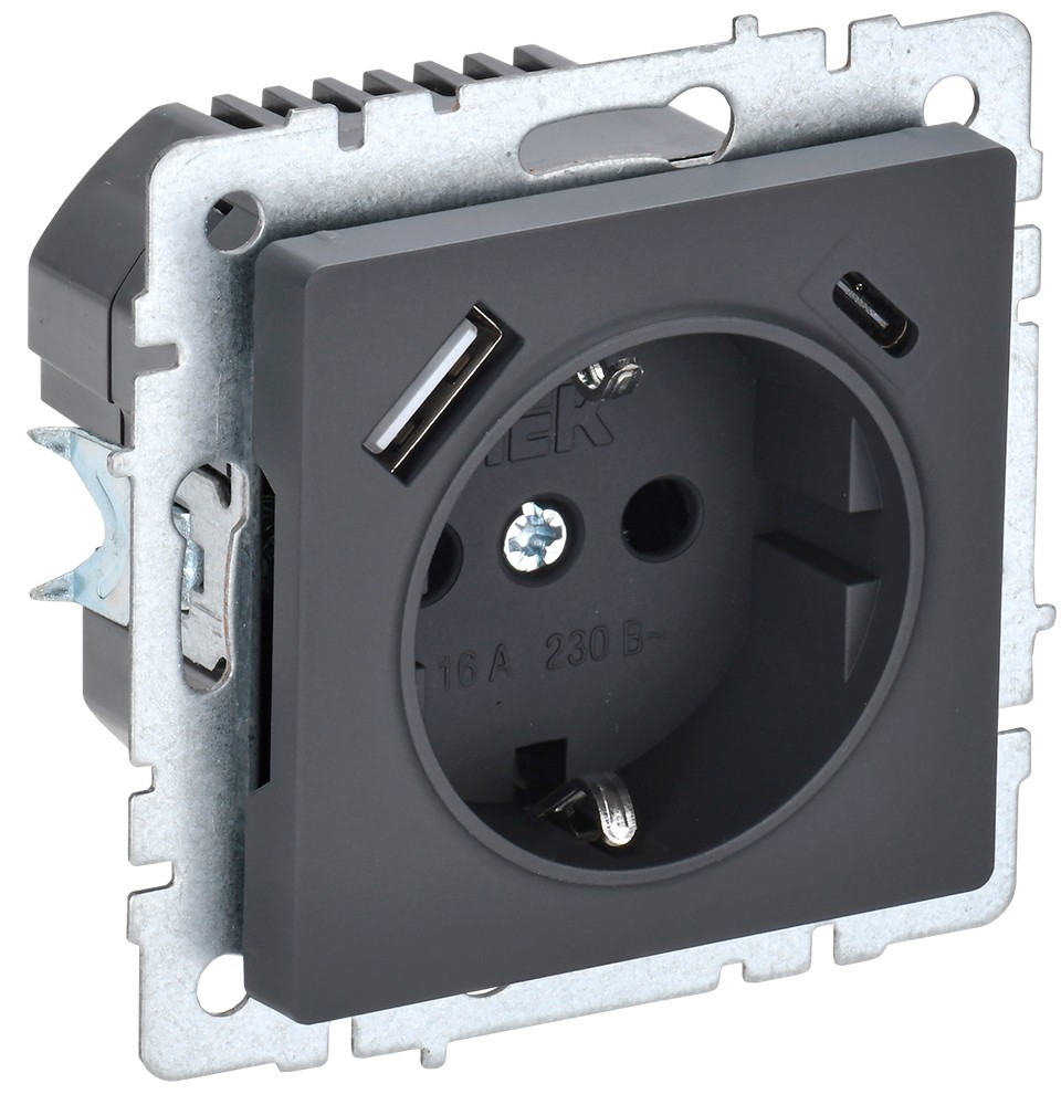 IEK Brite Графит Розетка IEK BRITE с с/з и шторками 16А с USB A+C 18Вт РЮш11-1-БрГ графит BR-R14-16-U22-018-K53