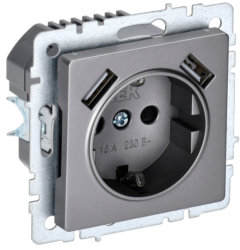 IEK Brite Сталь Розетка IEK BRITE с с/з и шторками 16А с USB A+A 3,1А РЮш10-2-БрС сталь BR-R14-16-U21-D31-K46