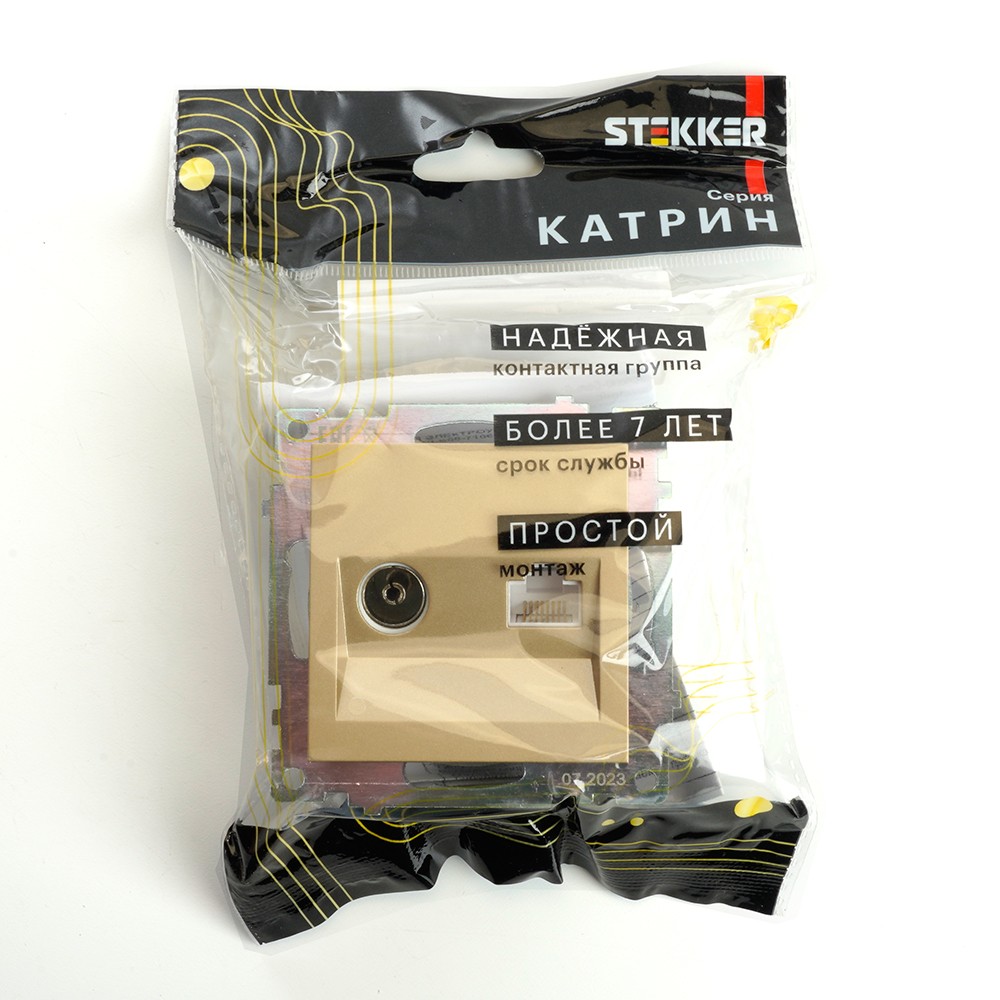 Катрин - Розетки и выключатели Stekker Розетка TV + компьютерная RJ-45 STEKKER GLS00-7106-08 Катрин золото 49230
