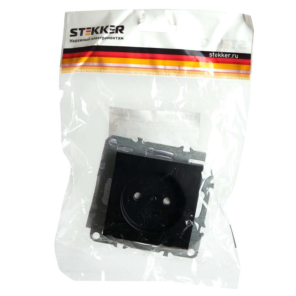 Эрна - Розетки и выключатели Stekker Розетка 1-местная б/з STEKKER PST10-9109-03 10А с защ. шторкой Эрна черный 49153
