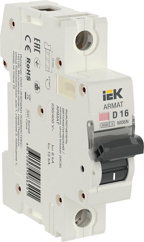 1 полюсные (однополюсные) Автоматический выключатель IEK ARMAT M06N 1P D 16А AR-M06N-1-D016 