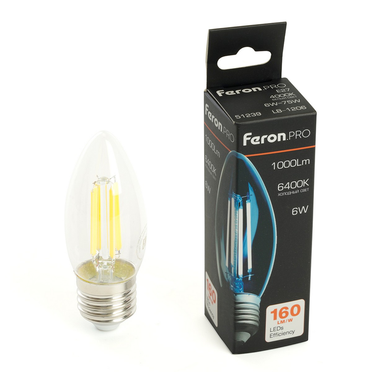 E27 Лампа светодиодная Feron.PRO LB-1206 Свеча E27 6W 175-265V 6400K 51240 