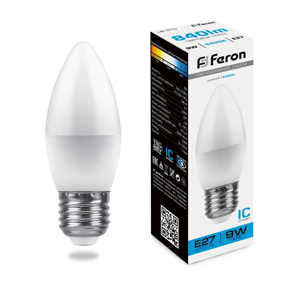 E27 Лампа светодиодная Feron LB-570 Свеча E27 9W 6400K 25938 