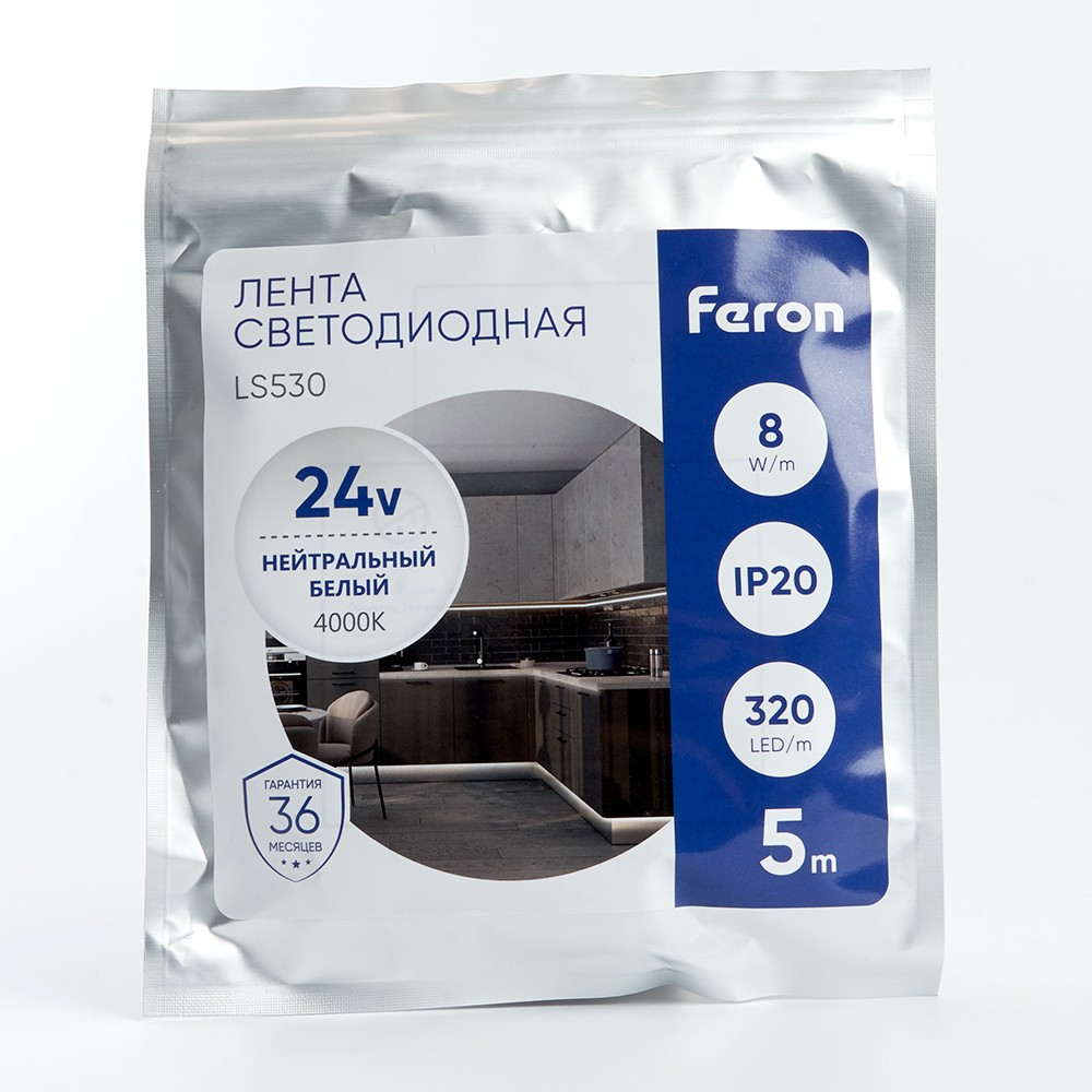 Лента светодиодная Feron LS530 COB 320SMD(2110)/м 10Вт/м 24V 4000К IP20 5 метров 48264