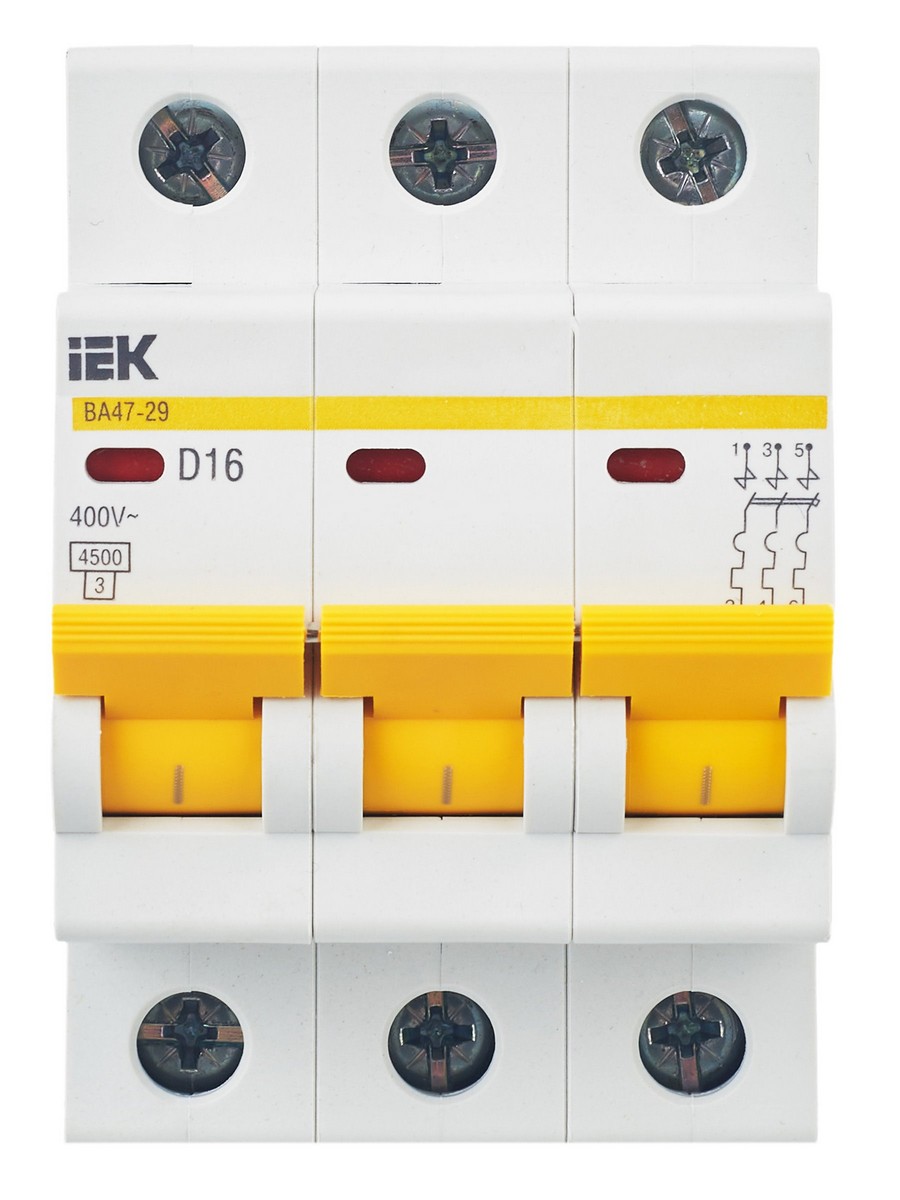 3 полюсные (трехполюсные) Автоматический выключатель IEK KARAT ВА47-29 3Р 16А 4,5кА х-ка D MVA20-3-016-D 
