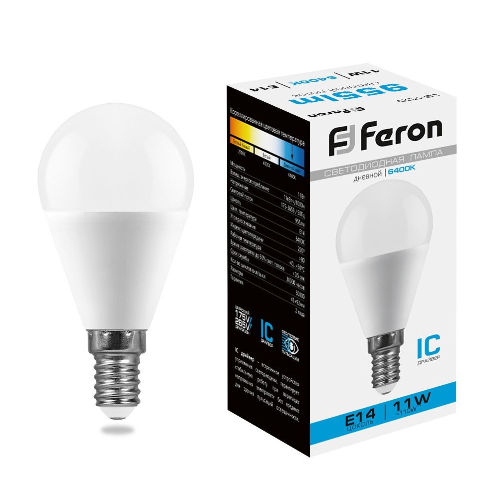 E14 Лампа светодиодная Feron LB-750 Шарик E14 11W 6400K 25948 