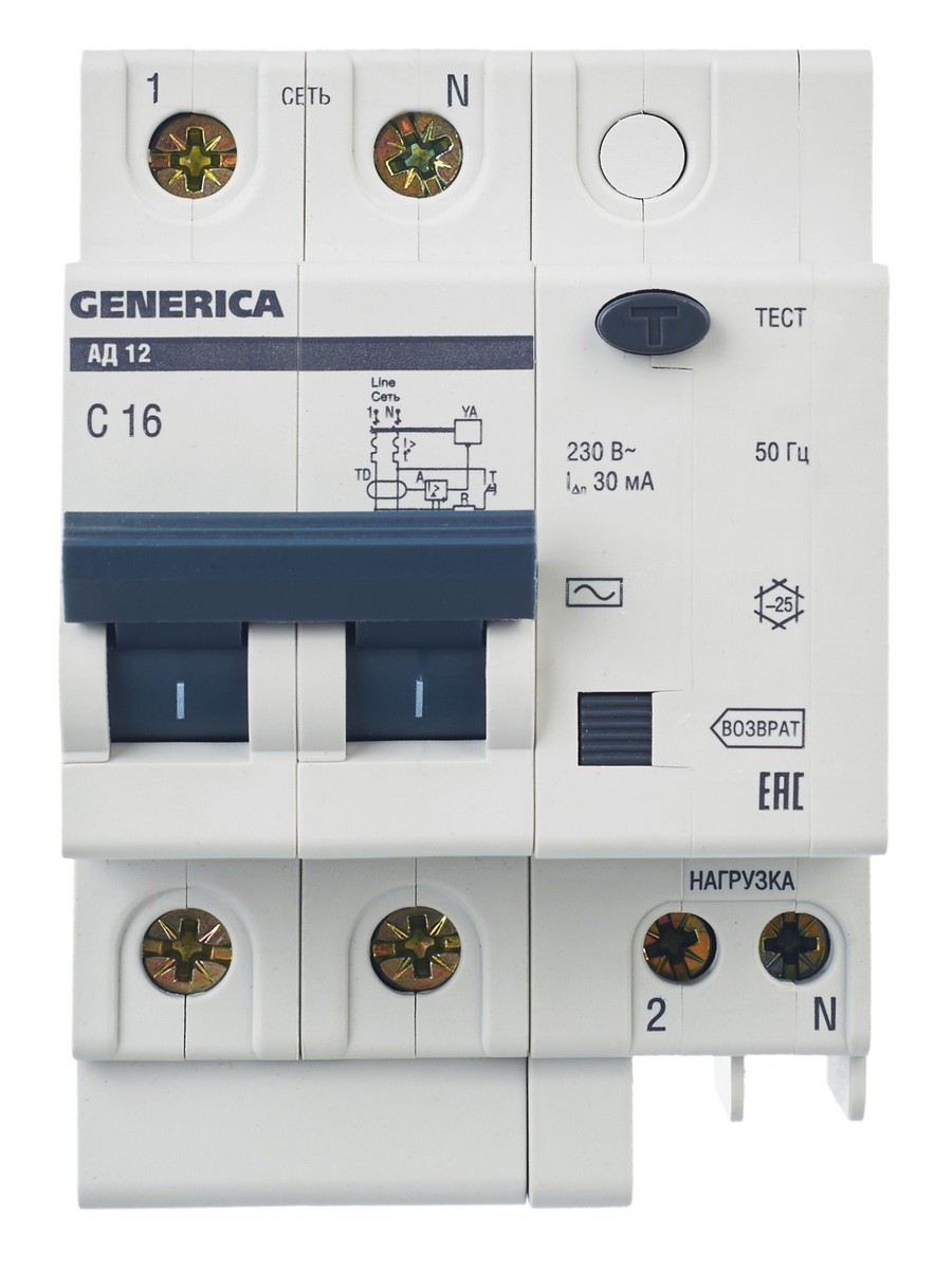 IEK Дифференциальный автоматический выключатель IEK GENERICA АД12 2Р 16А 30мА MAD15-2-016-C-030 