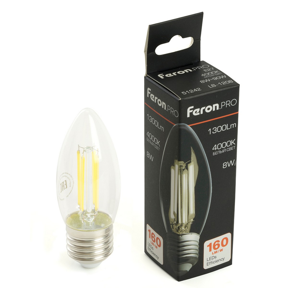 E27 Лампа светодиодная Feron.PRO LB-1208 Свеча E27 8W 175-265V 4000K 51242 