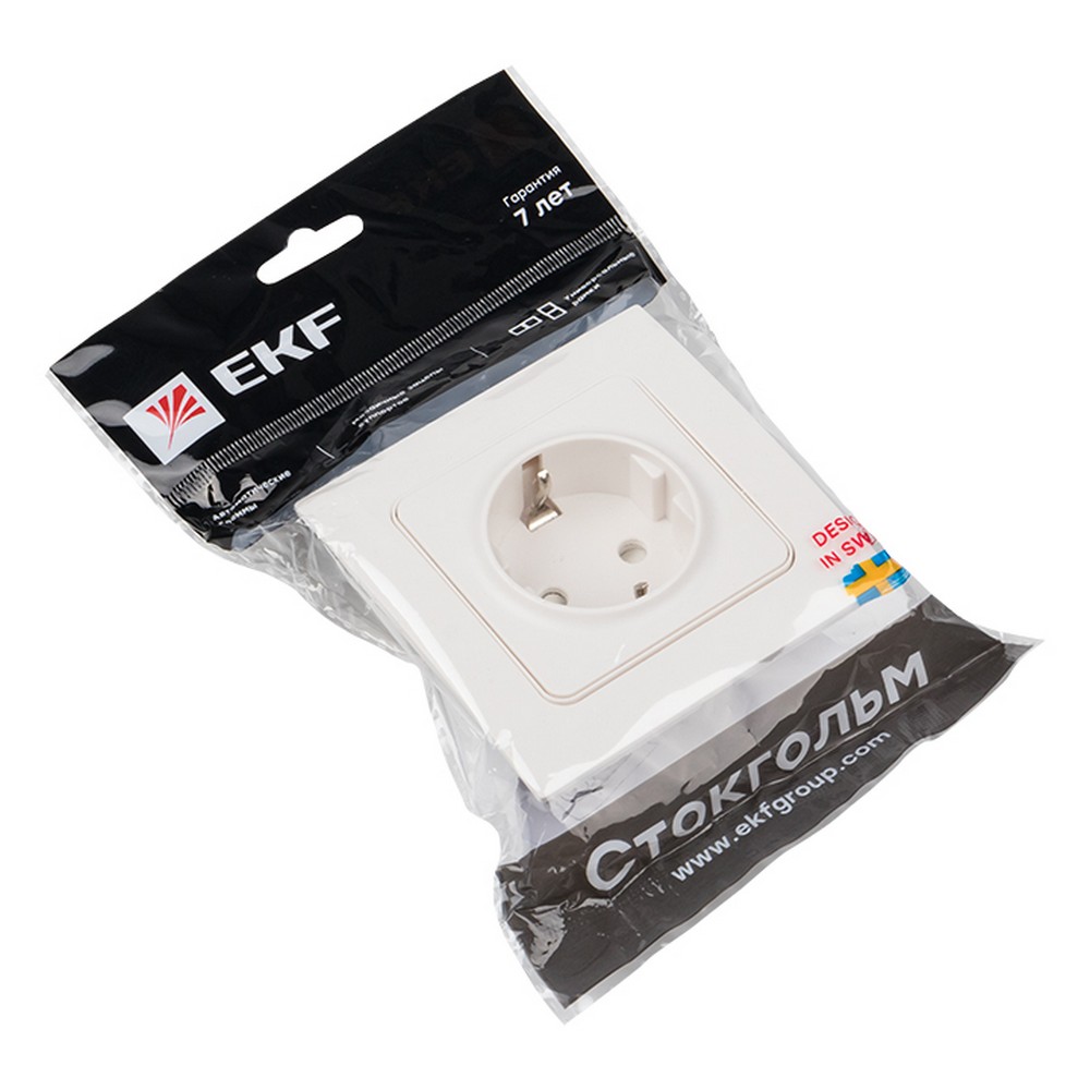 EKF Стокгольм белый Розетка с/з EKF PROxima Стокгольм Белый с рамкой 1-ая 16А со шторками EXR16-028-10