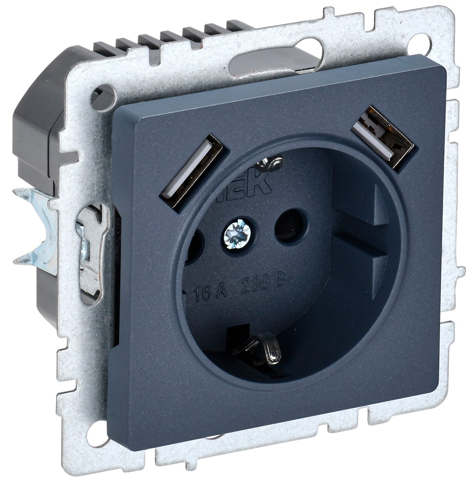 IEK Brite Маренго Розетка IEK BRITE с с/з и шторками 16А с USB A+A 2,1А РЮш10-1-БрМ маренго BR-R14-16-U21-D21-K35