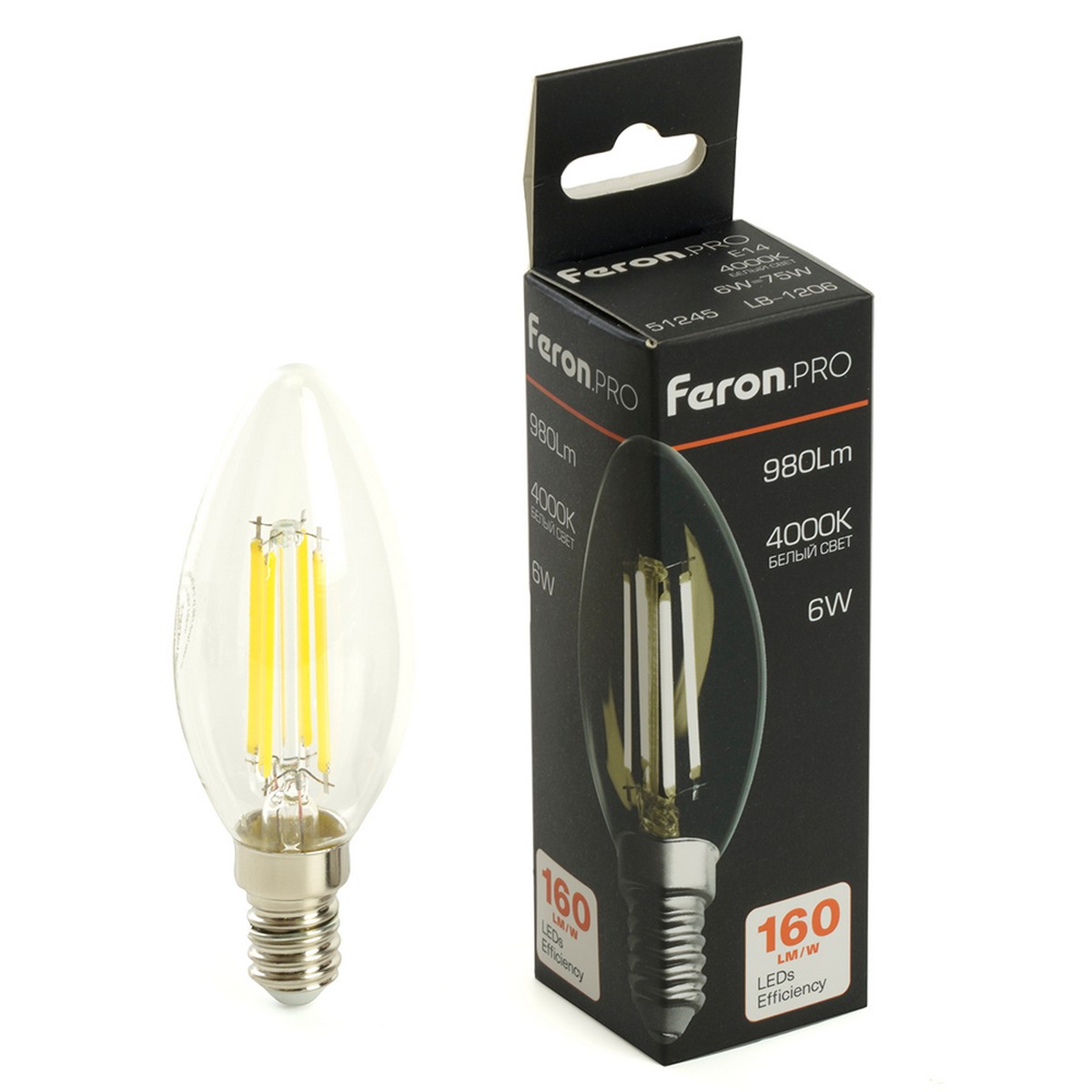 E14 Лампа светодиодная Feron.PRO LB-1206 Свеча E14 6W 175-265V 4000K 51245