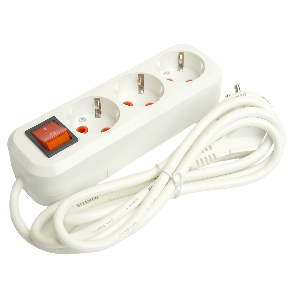 Колодки и удлинители, тройники Удлинитель STEKKER трехместный с/з с выключ. HM07-31-02 2м Home (У16А-002) белый 49353 