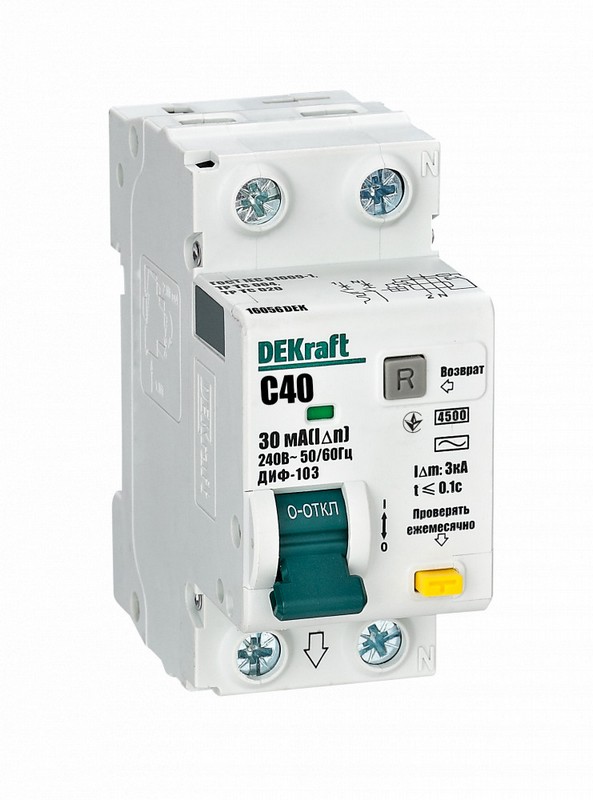 DEKraft Дифференциальный автомат DEKraft (АВДТ) 1Р+N 40А 30мА тип AC х-ка C ДИФ-103 4.5кА 16056DEK 