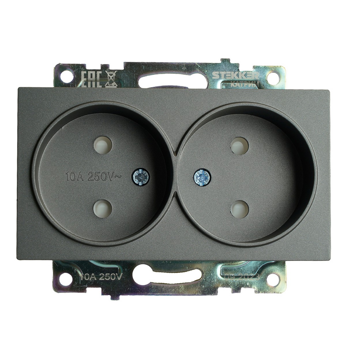Катрин - Розетки и выключатели Stekker Розетка 2-местная б/з STEKKER GLS10-7113-06 250V 10А с защ. шторкой Катрин графит 49421