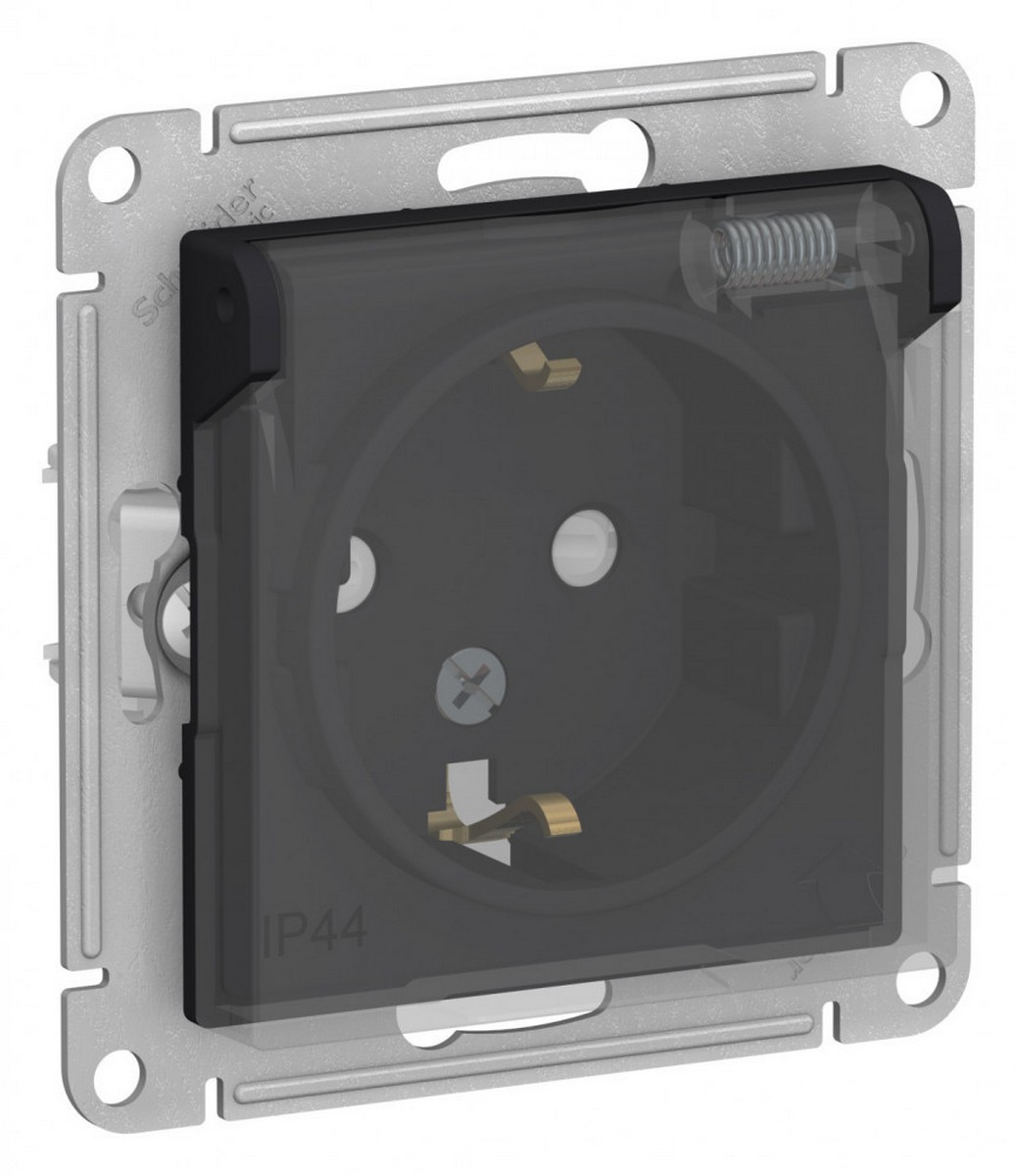 AtlasDesign Карбон Розетка Systeme Electric AtlasDesign Aqua Карбон с/з со шторками, с крышкой, 16А, IP44, механизм ATN441046