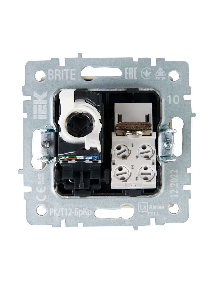 IEK Brite Бежевый Розетка IEK BRITE двойная RJ11+RJ45 кат.5E РК/Т12-БрКр бежевый BR-KT20-O-1-K10