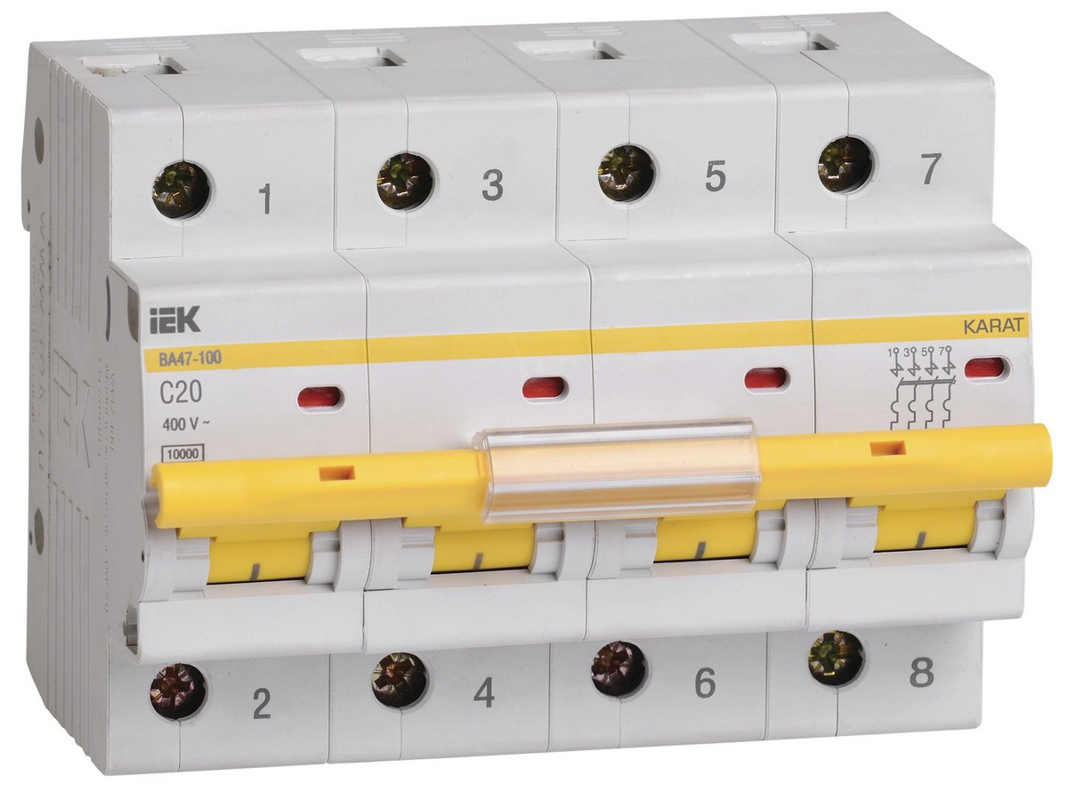 4 полюсные (четырехполюсные) Автоматический выключатель IEK KARAT ВА47-100 4Р 20А 10кА х-ка C MVA40-4-020-C 